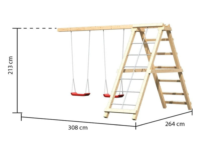 Karibu Stelzenhaus Frieda + Doppelschaukel mit Klettergerüst + Anbauplattform + Netzrampe
