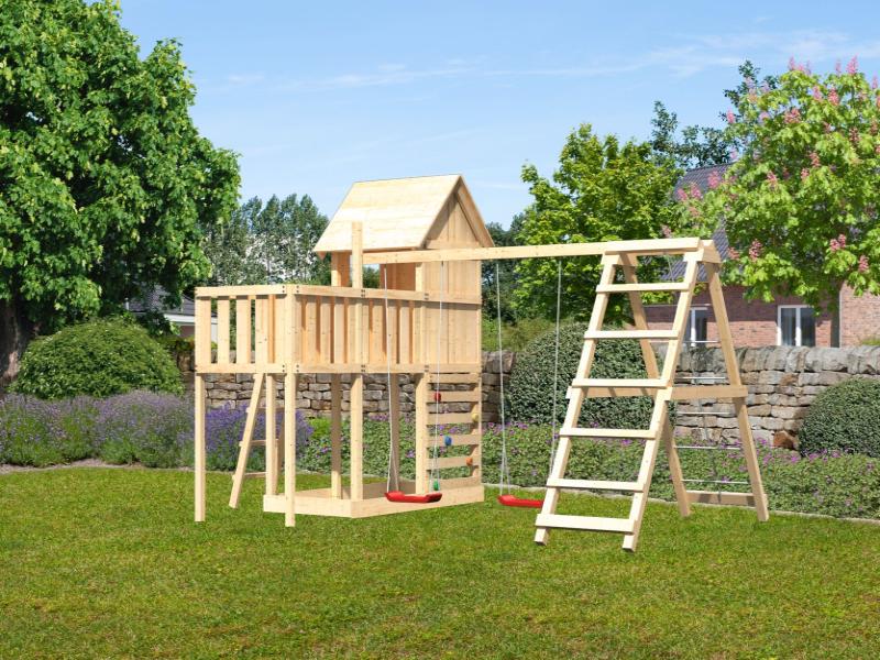 Karibu Stelzenhaus Frieda + Doppelschaukel Klettergerüst + Anbauplattform + Kletterwand