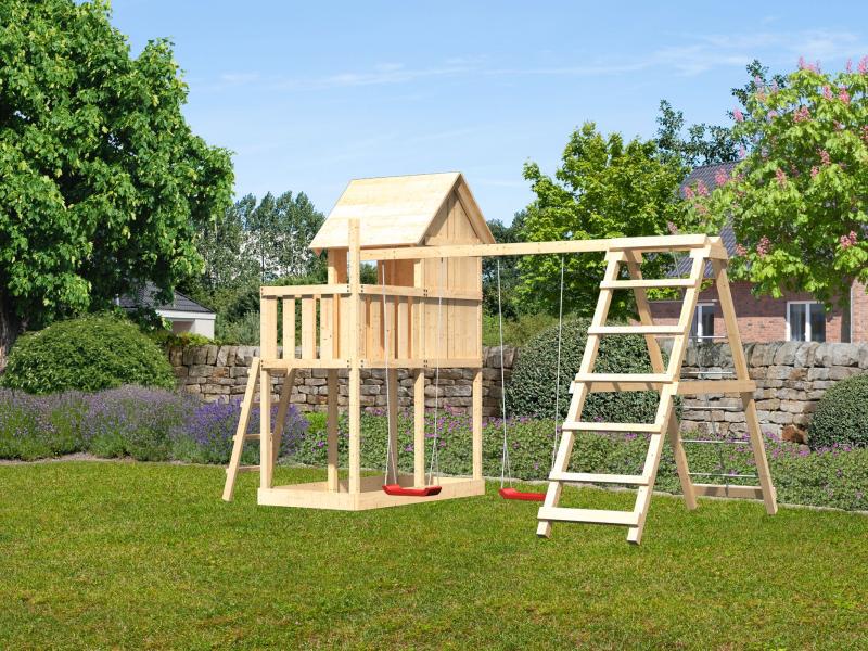 Karibu Stelzenhaus Frieda + Doppelschaukelanbau Klettergerüst