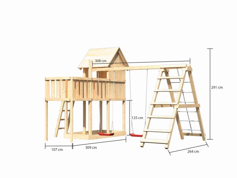 Karibu Stelzenhaus Frieda + Doppelschaukelanbau Klettergerüst + Anbauplattform