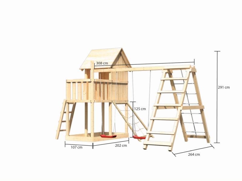 Karibu Stelzenhaus Frieda + Doppelschaukelanbau Klettergerüst + Netzrampe