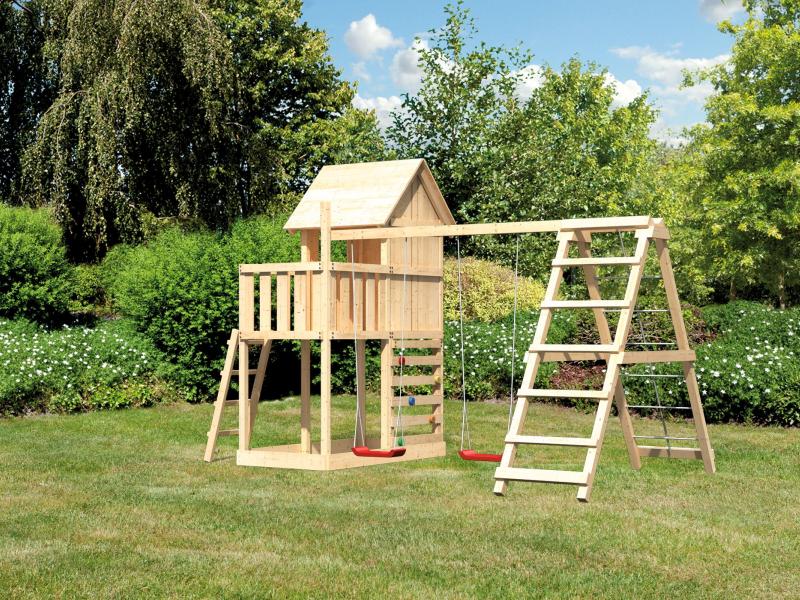 Karibu Stelzenhaus Frieda + Doppelschaukelanbau Klettergerüst + Kletterwand