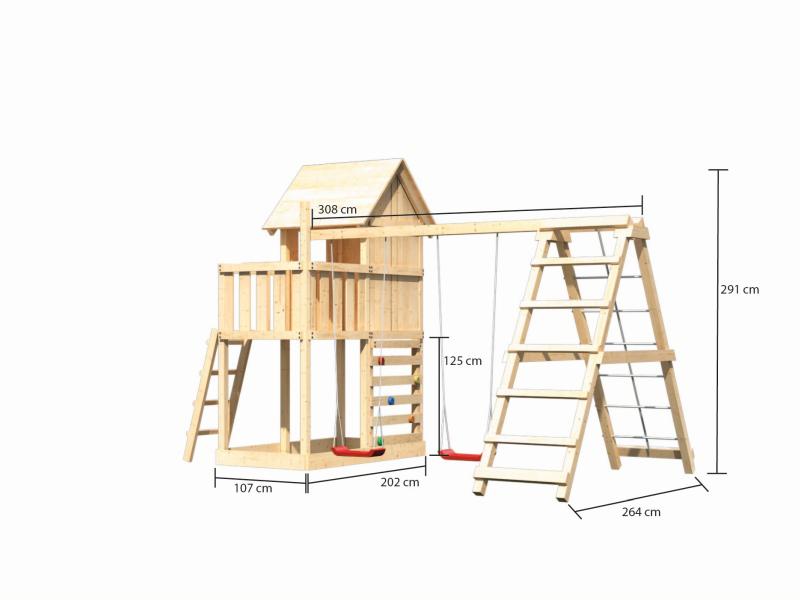 Karibu Stelzenhaus Frieda + Doppelschaukelanbau Klettergerüst + Kletterwand