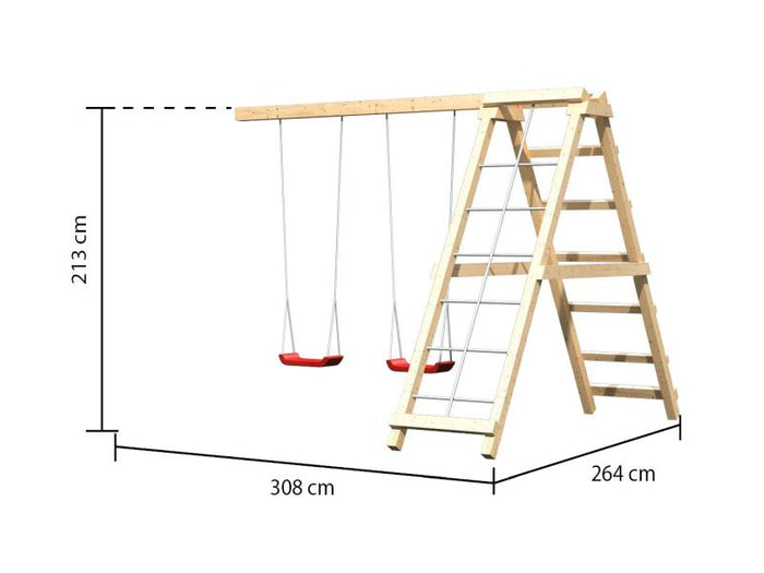 Karibu Stelzenhaus Frieda + Doppelschaukelanbau Klettergerüst + Kletterwand