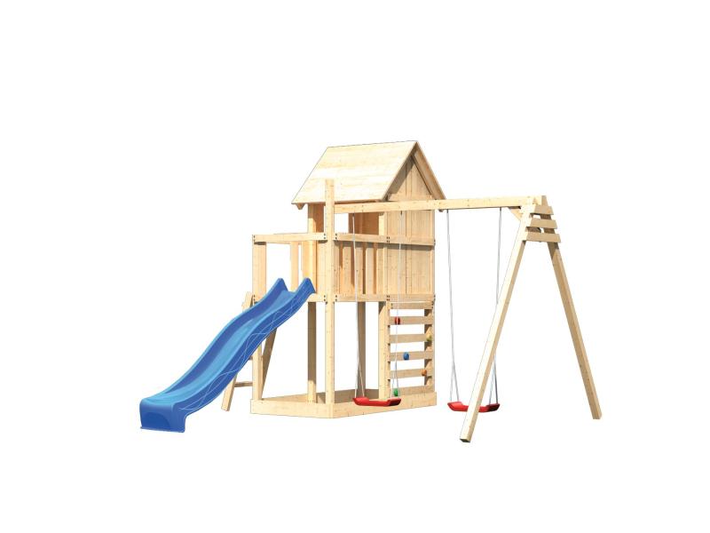 Karibu Stelzenhaus Frieda + Rutsche blau + Doppelschaukel + Kletterwand