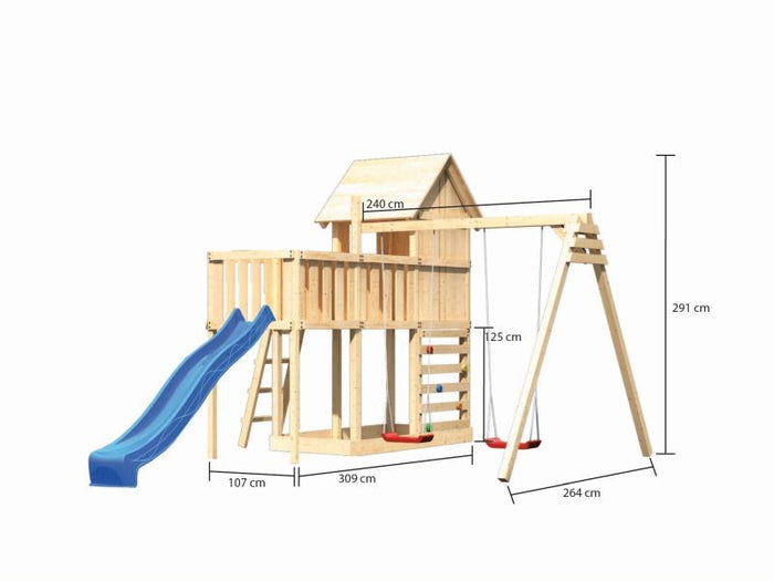 Karibu Stelzenhaus Frieda + Rutsche blau + Doppelschaukel + Anbauplattform + Kletterwand