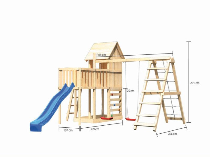 Karibu Stelzenhaus Frieda + Rutsche blau + Doppelschaukel Klettergerüst + Anbauplattform + Kletterwa