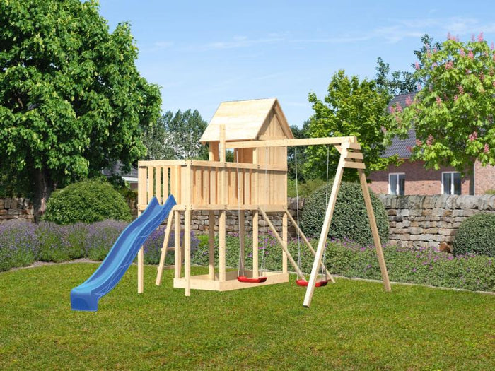 Karibu Stelzenhaus Frieda + Rutsche blau + Doppelschaukel + Anbauplattform + Netzrampe
