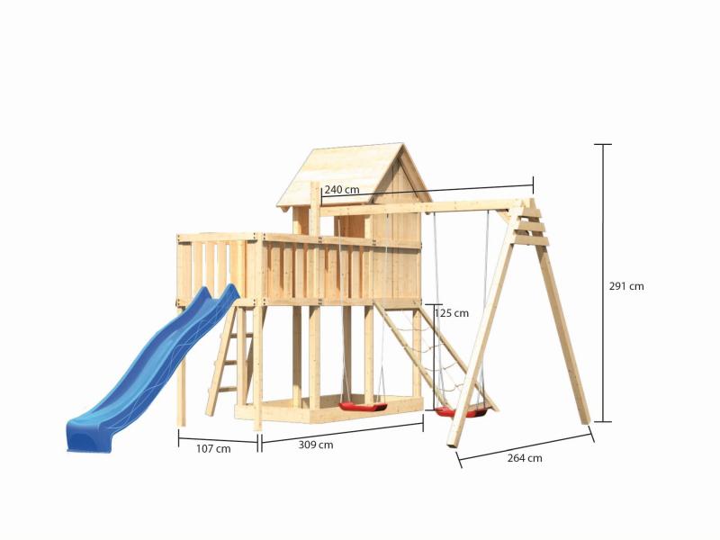 Karibu Stelzenhaus Frieda + Rutsche blau + Doppelschaukel + Anbauplattform + Netzrampe