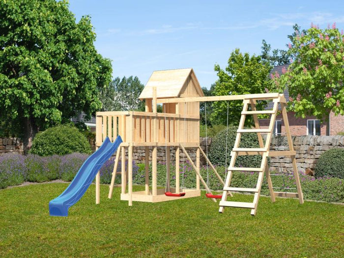 Karibu Stelzenhaus Frieda + Rutsche blau + Doppelschaukel Klettergerüst + Anbauplattform + Netzrampe