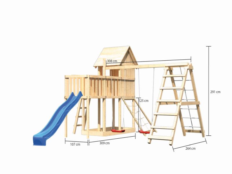 Karibu Stelzenhaus Frieda + Rutsche blau + Doppelschaukel Klettergerüst + Anbauplattform + Netzrampe