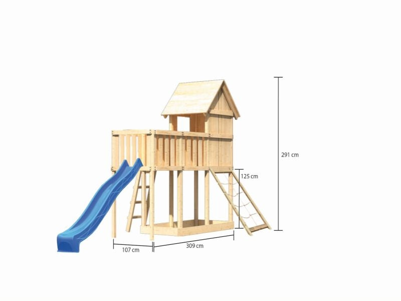 Karibu Stelzenhaus Frieda + Rutsche blau + Anbauplattform + Netzrampe