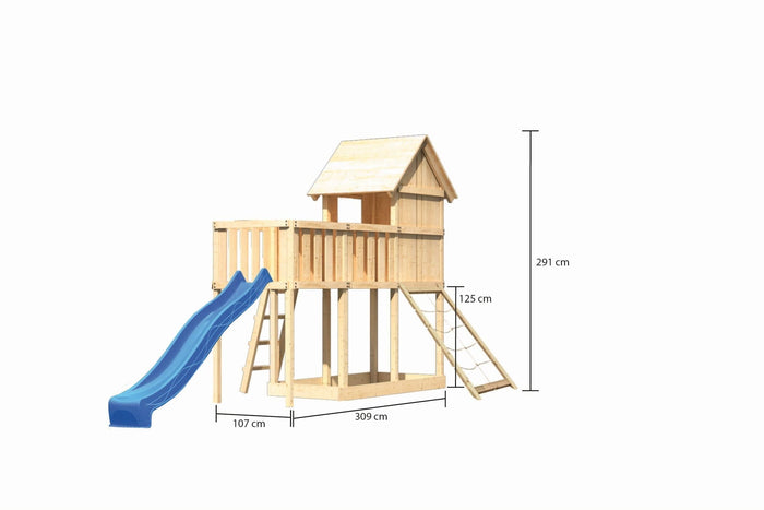 Karibu Stelzenhaus Frieda + Rutsche blau + Anbauplattform + Netzrampe