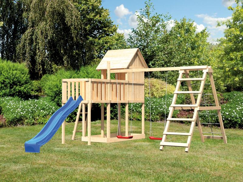 Karibu Stelzenhaus Frieda + Rutsche blau + Doppelschaukelanbau Klettergerüst + Anbauplattform