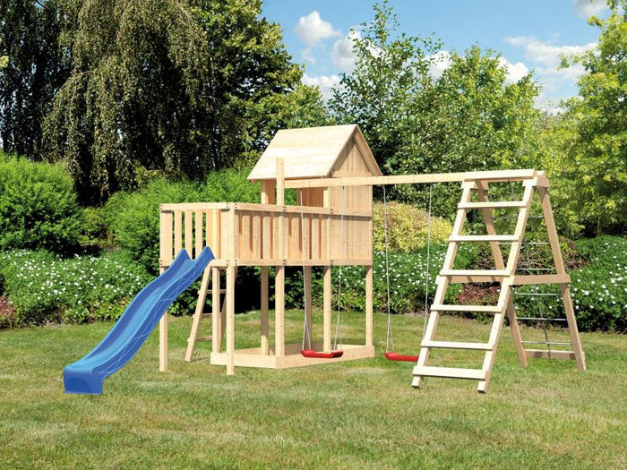 Karibu Stelzenhaus Frieda + Rutsche blau + Doppelschaukelanbau Klettergerüst + Anbauplattform