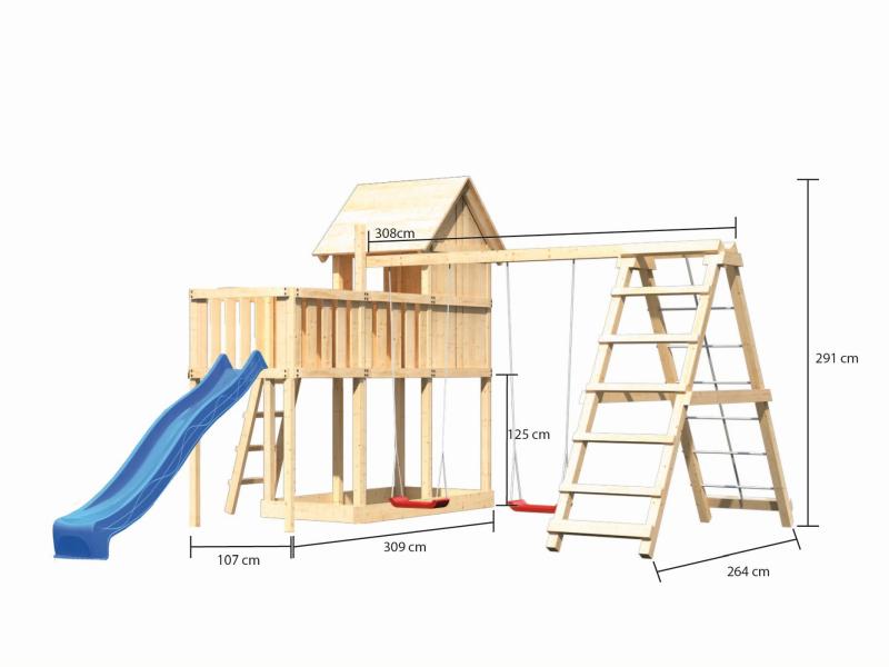 Karibu Stelzenhaus Frieda + Rutsche blau + Doppelschaukelanbau Klettergerüst + Anbauplattform