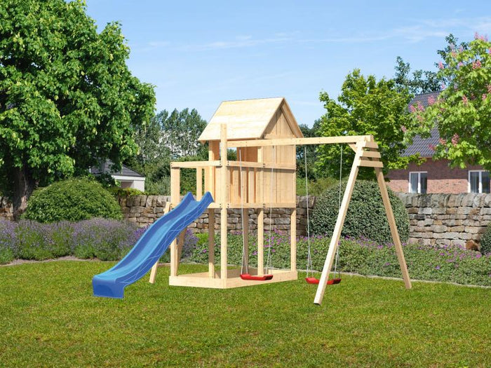 Karibu Stelzenhaus Frieda + Rutsche blau + Doppelschaukel