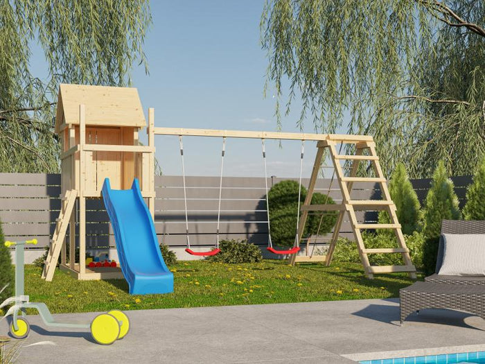 Karibu Stelzenhaus Frieda + Rutsche blau + Doppelschaukelanbau Klettergerüst