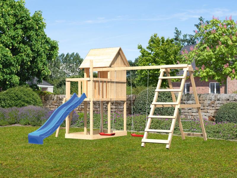 Karibu Stelzenhaus Frieda + Rutsche blau + Doppelschaukelanbau Klettergerüst