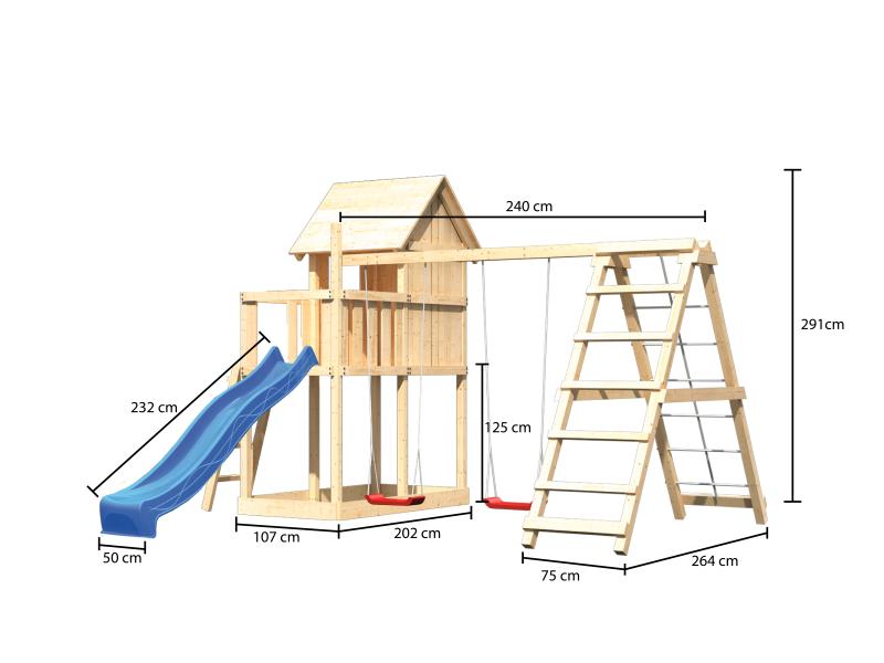 Karibu Stelzenhaus Frieda + Rutsche blau + Doppelschaukelanbau Klettergerüst