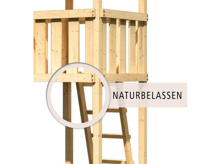 Karibu Stelzenhaus Frieda + Rutsche blau + Doppelschaukelanbau Klettergerüst