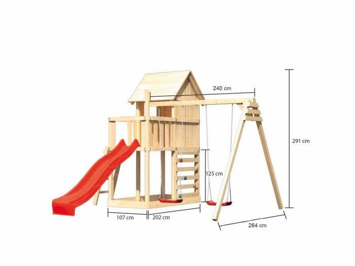 Karibu Stelzenhaus Frieda + Rutsche rot + Doppelschaukel + Kletterwand