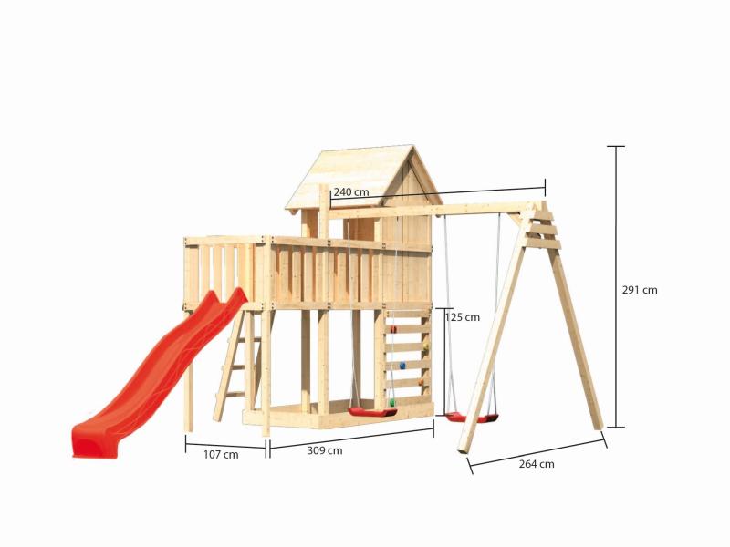 Karibu Stelzenhaus Frieda + Rutsche rot + Doppelschaukel + Anbauplattform + Kletterwand