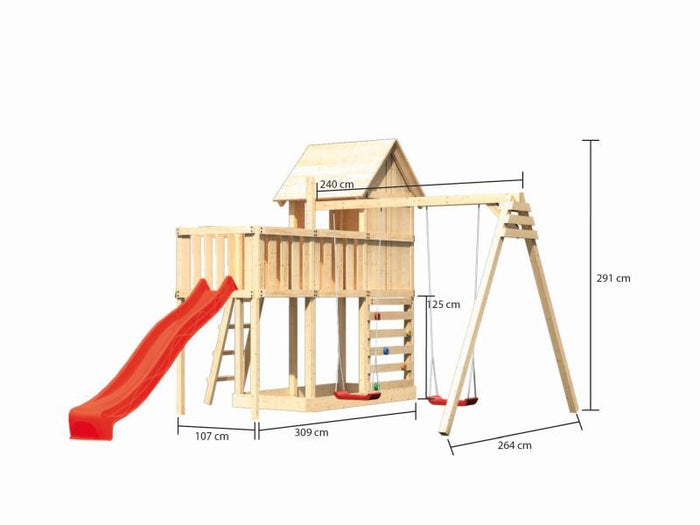 Karibu Stelzenhaus Frieda + Rutsche rot + Doppelschaukel + Anbauplattform + Kletterwand