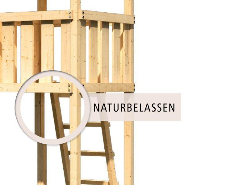 Karibu Stelzenhaus Frieda + Rutsche rot + Doppelschaukel + Anbauplattform + Kletterwand