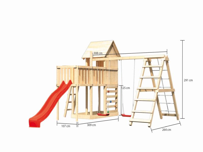 Karibu Stelzenhaus Frieda + Rutsche rot + Doppelschaukel Klettergerüst + Anbauplattform + Kletterwan