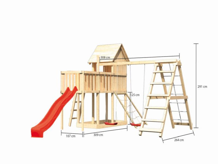 Karibu Stelzenhaus Frieda + Rutsche rot + Doppelschaukel Klettergerüst + Anbauplattform + Netzrampe