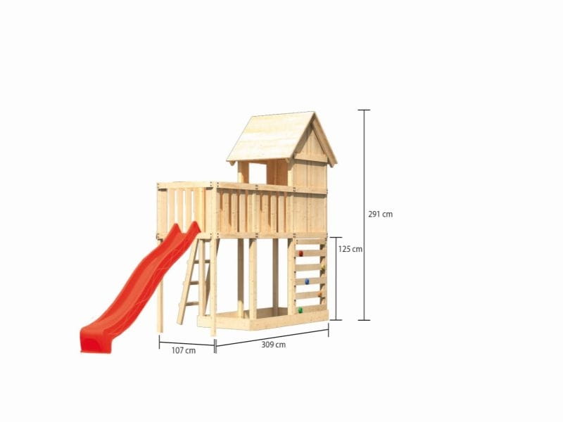 Karibu Stelzenhaus Frieda + Rutsche rot + Anbauplattform + Kletterwand