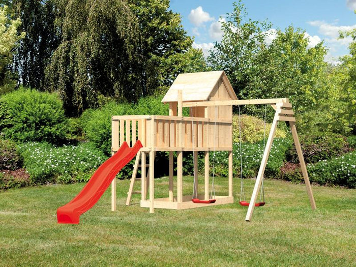 Karibu Stelzenhaus Frieda + Rutsche rot + Doppelschaukel + Anbauplattform