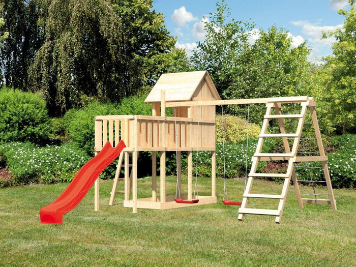 Karibu Stelzenhaus Frieda + Rutsche rot + Doppelschaukelanbau Klettergerüst + Anbauplattform