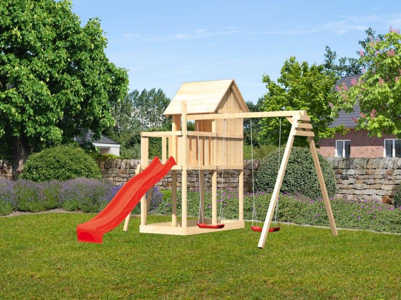 Karibu Stelzenhaus Frieda + Rutsche rot + Doppelschaukel