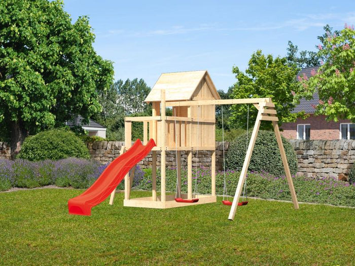 Karibu Stelzenhaus Frieda + Rutsche rot + Doppelschaukel