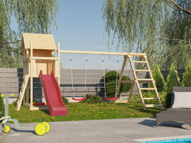 Karibu Stelzenhaus Frieda + Rutsche rot + Doppelschaukelanbau Klettergerüst