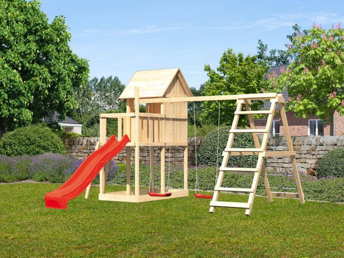 Karibu Stelzenhaus Frieda + Rutsche rot + Doppelschaukelanbau Klettergerüst