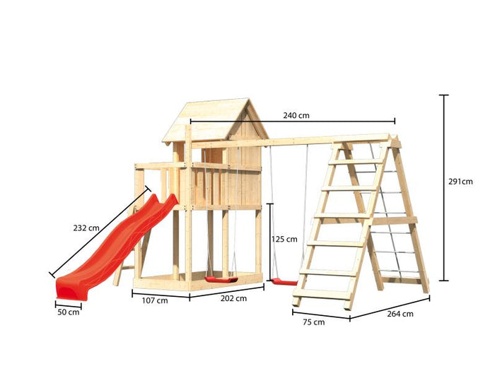 Karibu Stelzenhaus Frieda + Rutsche rot + Doppelschaukelanbau Klettergerüst