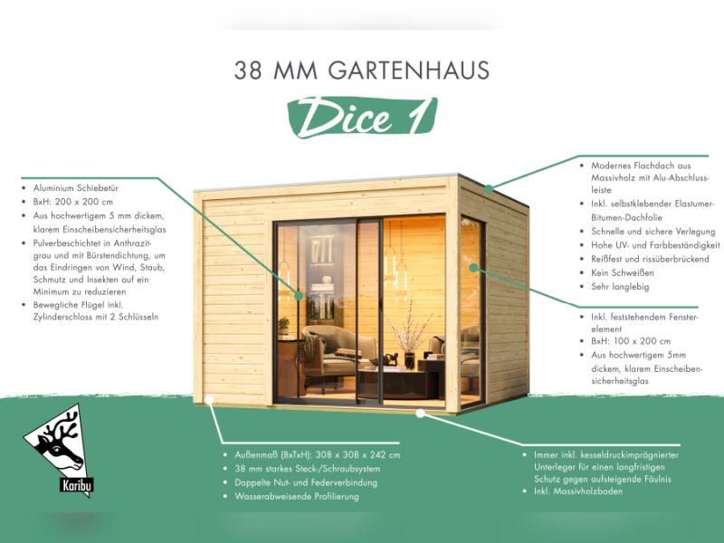 Karibu Studio Dice 1 natur 38 mm, inkl. Fußboden und selbstklebende Dachfolie