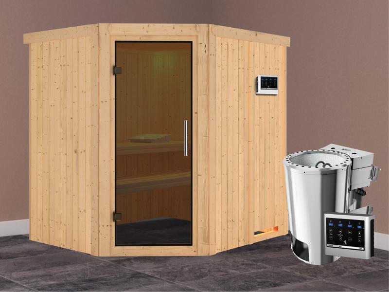 Lilja - Karibu Sauna Plug & Play 3,6 kW Bio Ofen, ext. Steuerung - ohne Dachkranz - Moderne Saunatür