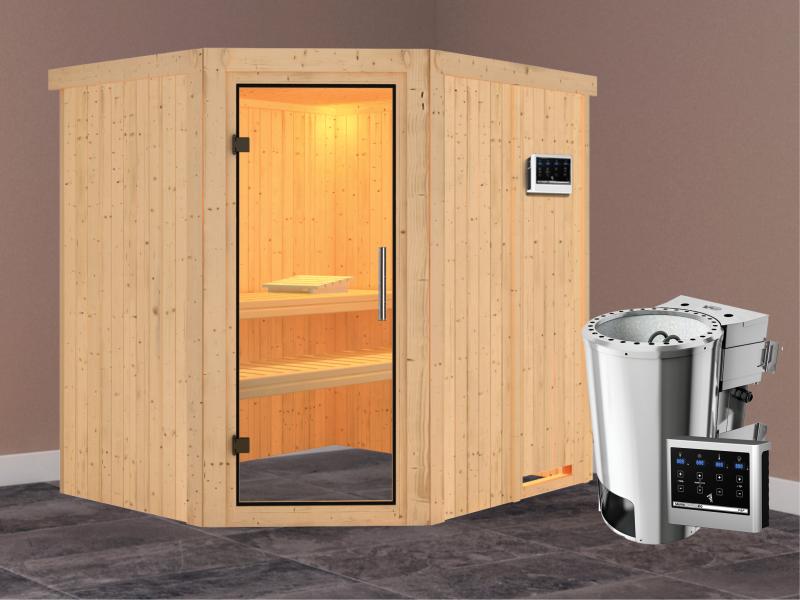 Lilja - Karibu Sauna Plug & Play 3,6 kW Bio Ofen, ext. Steuerung - ohne Dachkranz - Klarglas Ganzgla