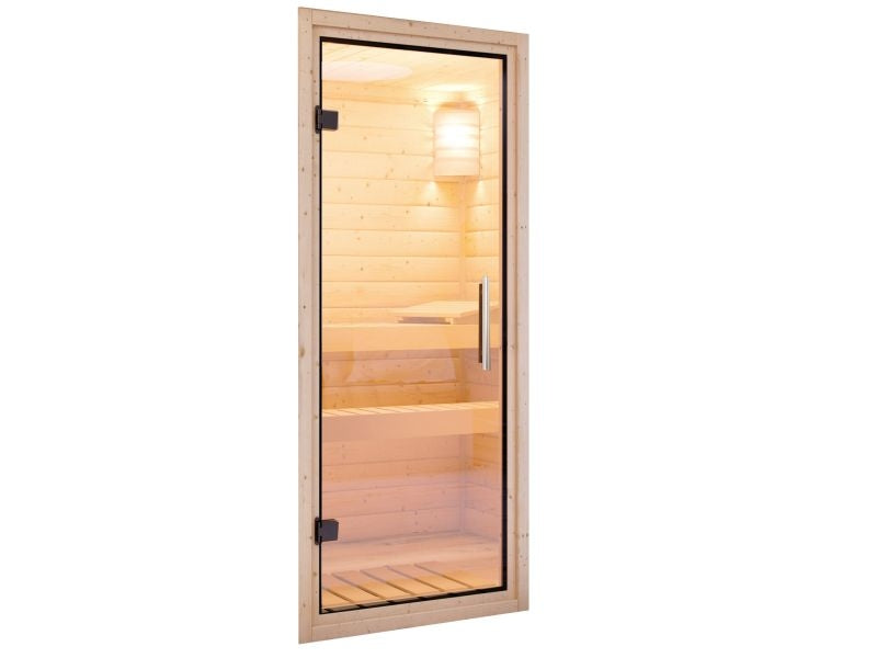 Lilja - Karibu Sauna Plug & Play 3,6 kW Bio Ofen, ext. Steuerung - mit Dachkranz - Klarglas Ganzglas