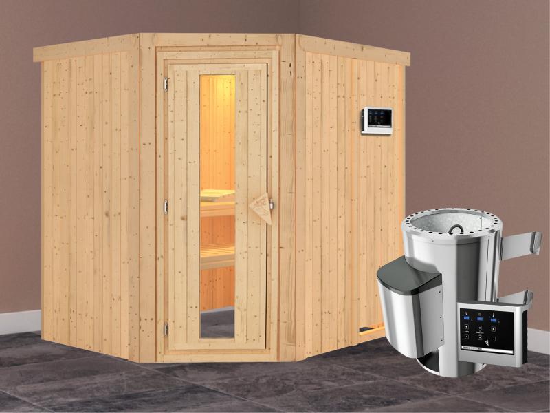 Lilja - Karibu Sauna Plug & Play 3,6 kW Ofen, ext. Steuerung - ohne Dachkranz - Energiespartür