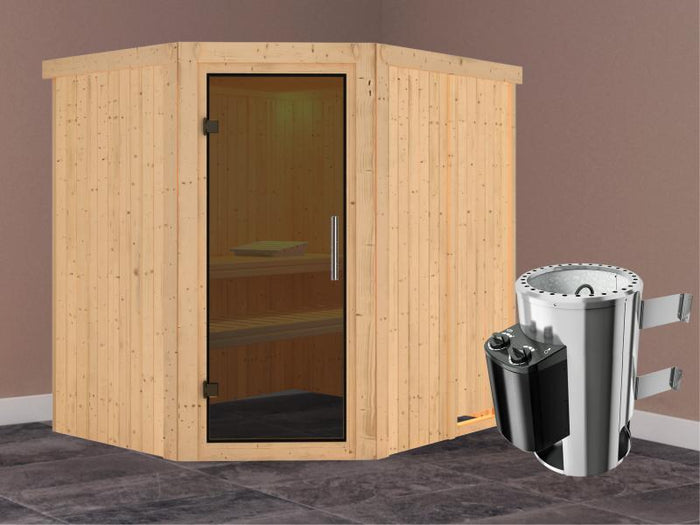 Lilja - Karibu Sauna Plug & Play 3,6 kW Ofen, int. Steuerung - ohne Dachkranz - Moderne Saunatür