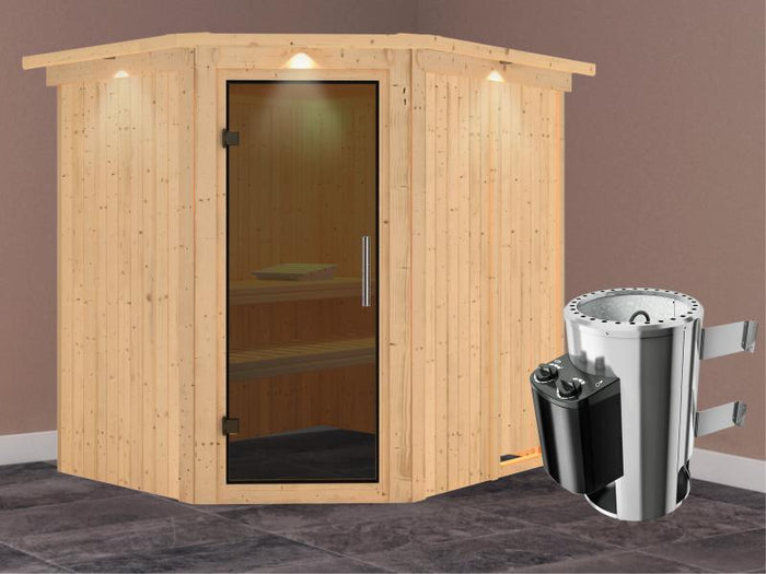 Lilja - Karibu Sauna Plug & Play 3,6 kW Ofen, int. Steuerung - mit Dachkranz - Moderne Saunatür