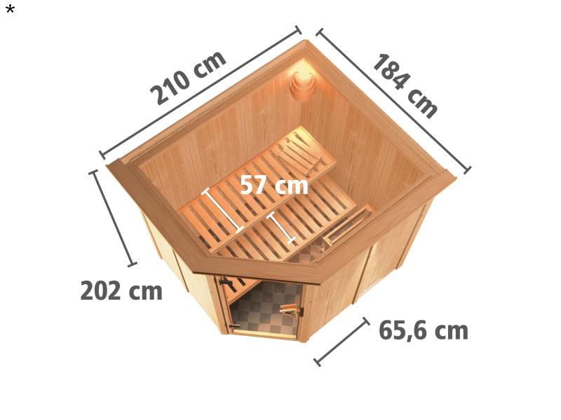 Lilja - Karibu Sauna Plug & Play 3,6 kW Ofen, int. Steuerung - mit Dachkranz - Moderne Saunatür