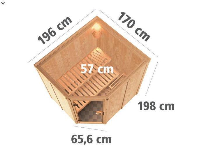 Lilja - Karibu Sauna Plug & Play 3,6 kW Ofen, int. Steuerung - ohne Dachkranz - Klarglas Ganzglastür