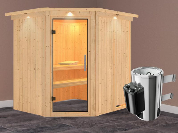 Lilja - Karibu Sauna Plug & Play 3,6 kW Ofen, int. Steuerung - mit Dachkranz - Klarglas Ganzglastür