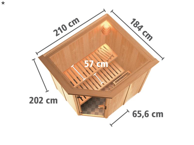 Lilja - Karibu Sauna Plug & Play 3,6 kW Ofen, int. Steuerung - mit Dachkranz - Klarglas Ganzglastür